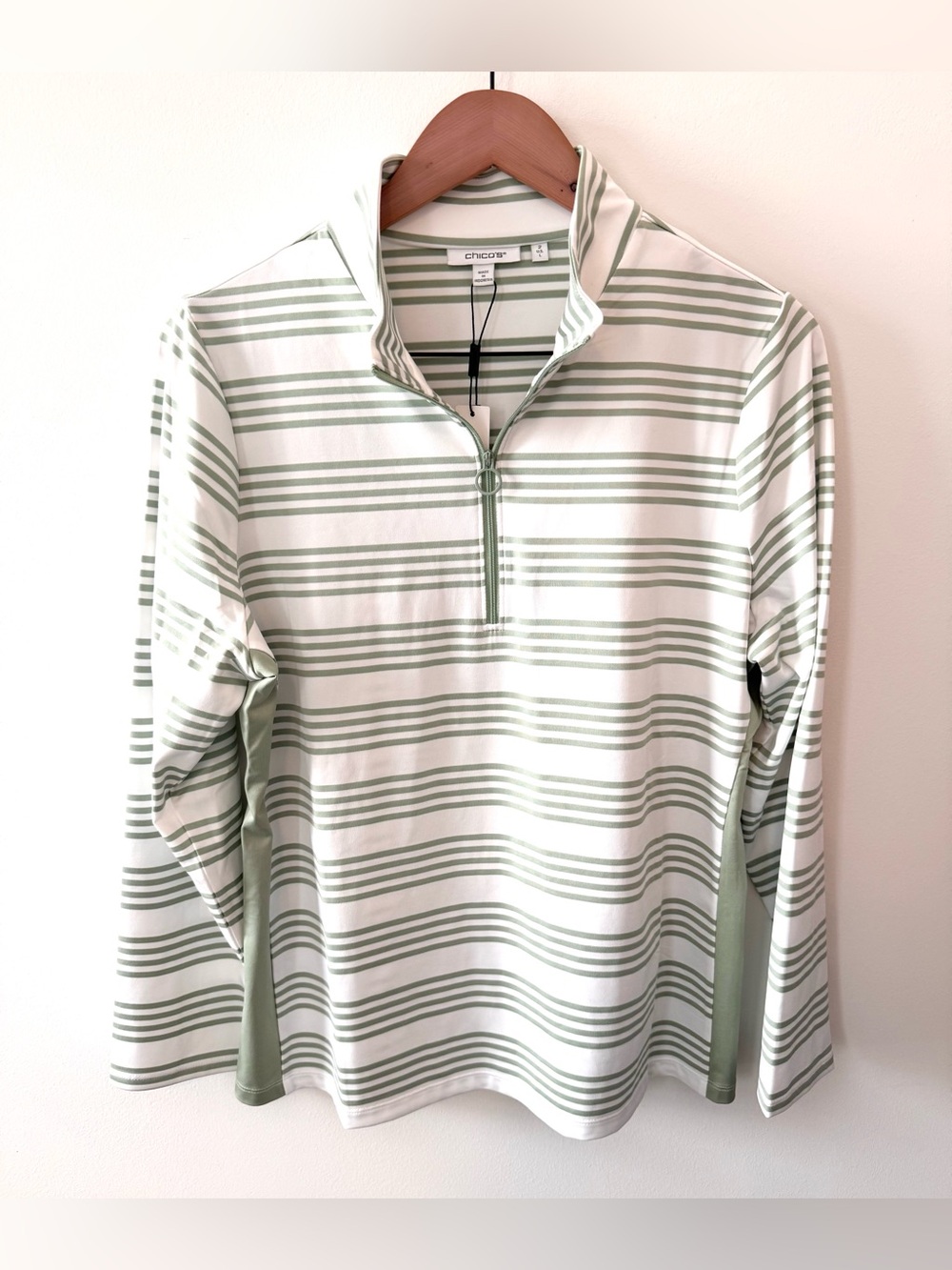 NWT Chico’s Zenergy UPF 50+ Stripe Half Zip Golf Top Moroccan Mint L
